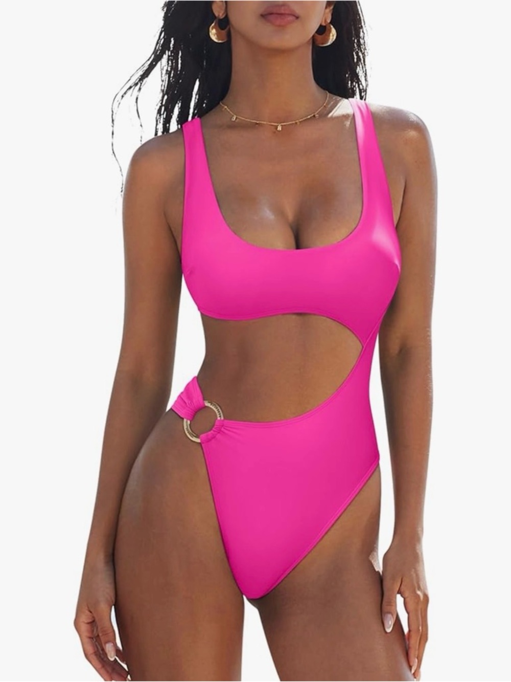Hot Pink Cutout One-Piece Swimsuit with Ring Detail - Women Swim